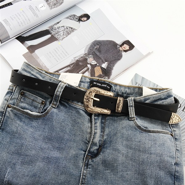 メンズベルト 西部風装飾金具付き本革細身ベルト