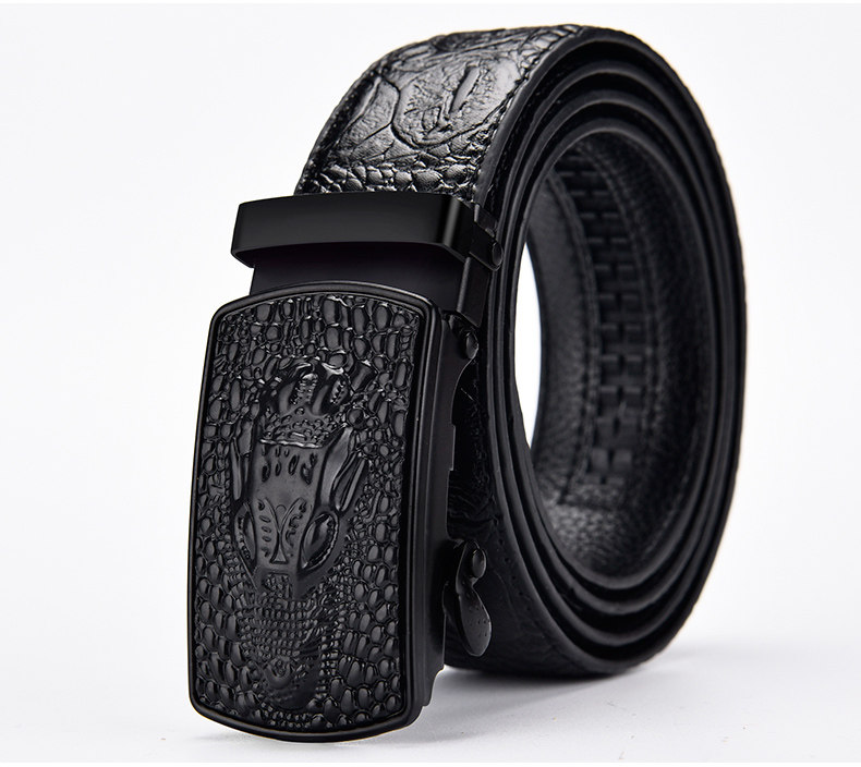 メンズベルト 鰐革型押し立体彫刻バックル付き本革ベルト