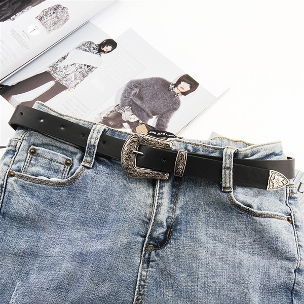 メンズベルト 西部風装飾金具付き本革細身ベルト