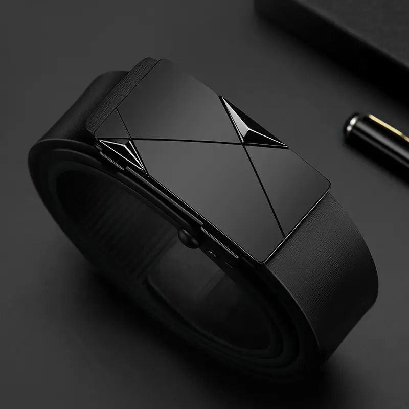 メンズベルト 幾何学模様バックル本革ビジネスベルト