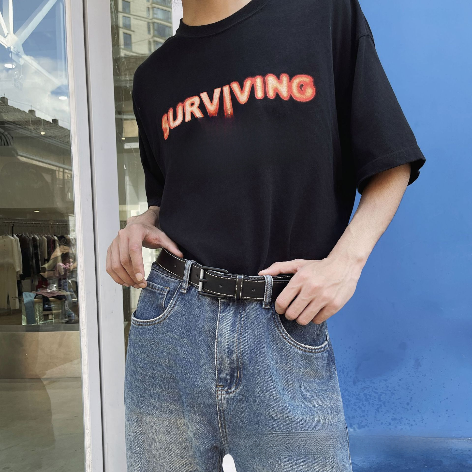 メンズベルト 本革製コントラストステッチデザインベルト