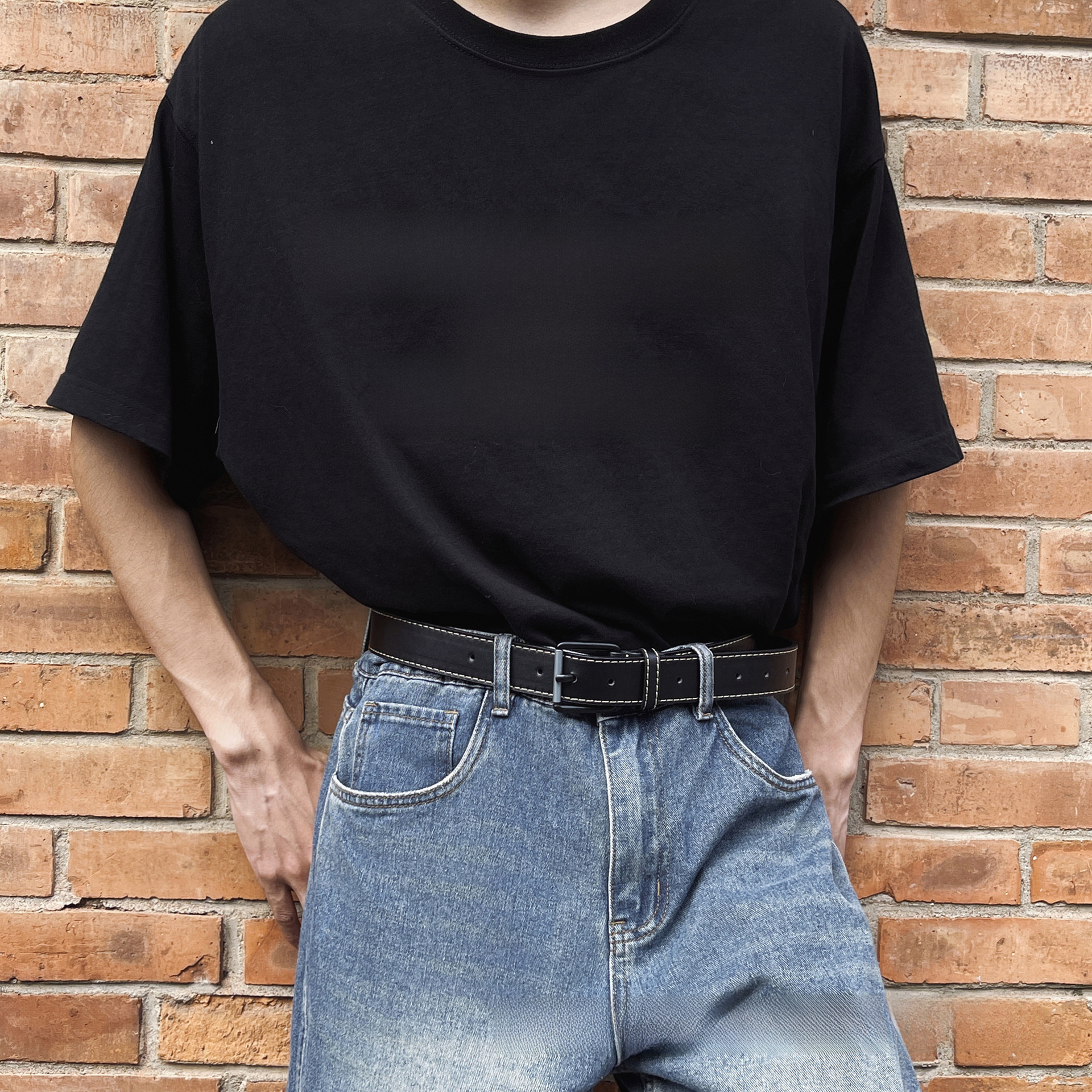 メンズベルト 本革製コントラストステッチデザインベルト