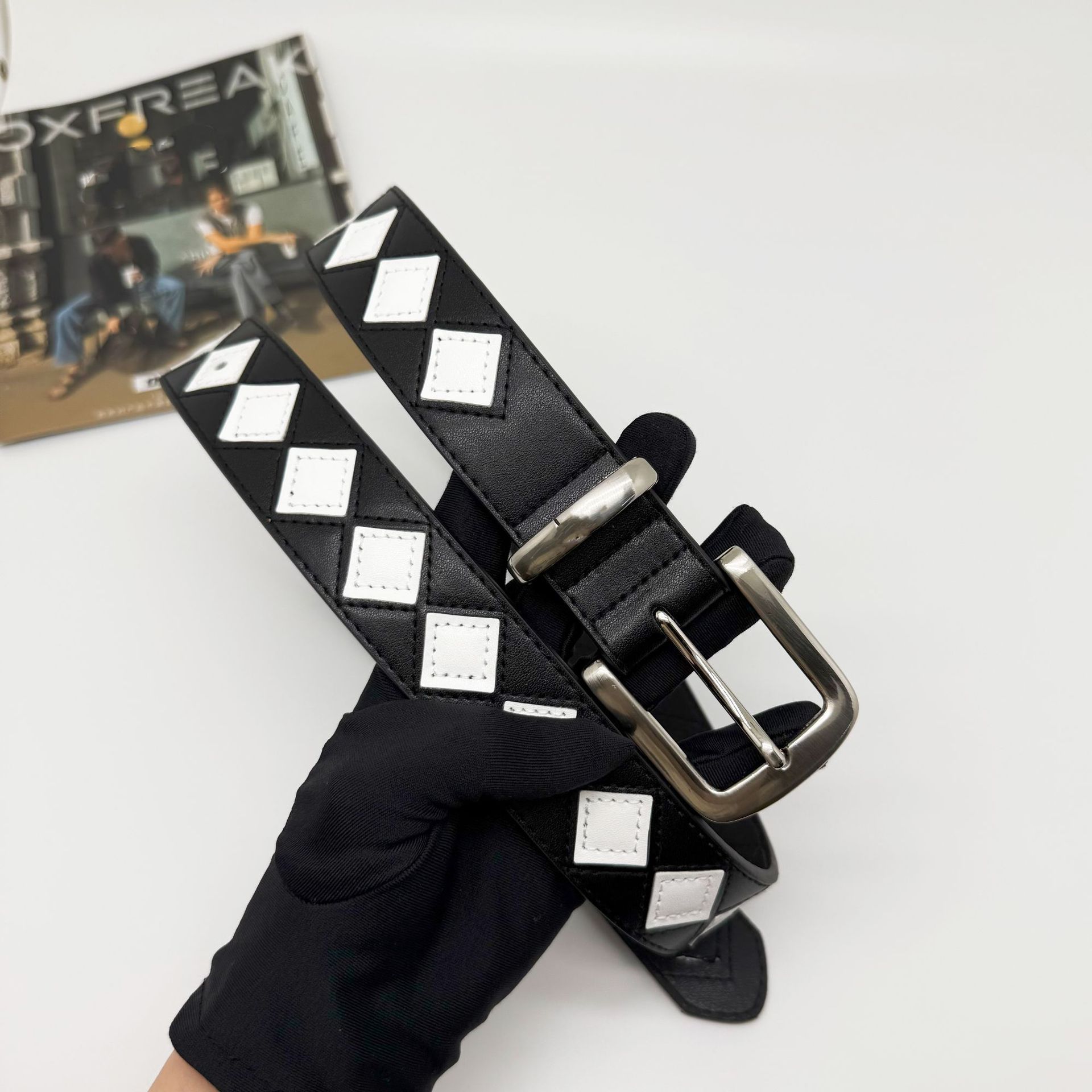 メンズベルト 市松模様デザイン本革仕様メンズベルト