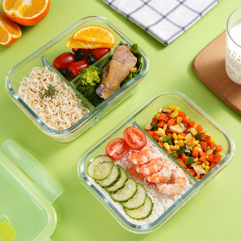 仕切り付き透明耐熱ガラス製スリム弁当箱