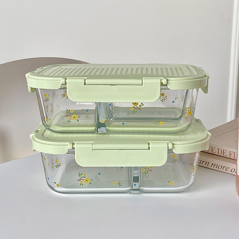 花柄透明仕切り付きガラス製スリム弁当箱