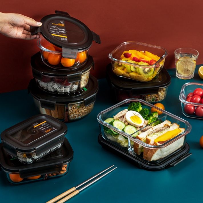 透明ガラス製二段仕切り付き密閉弁当箱