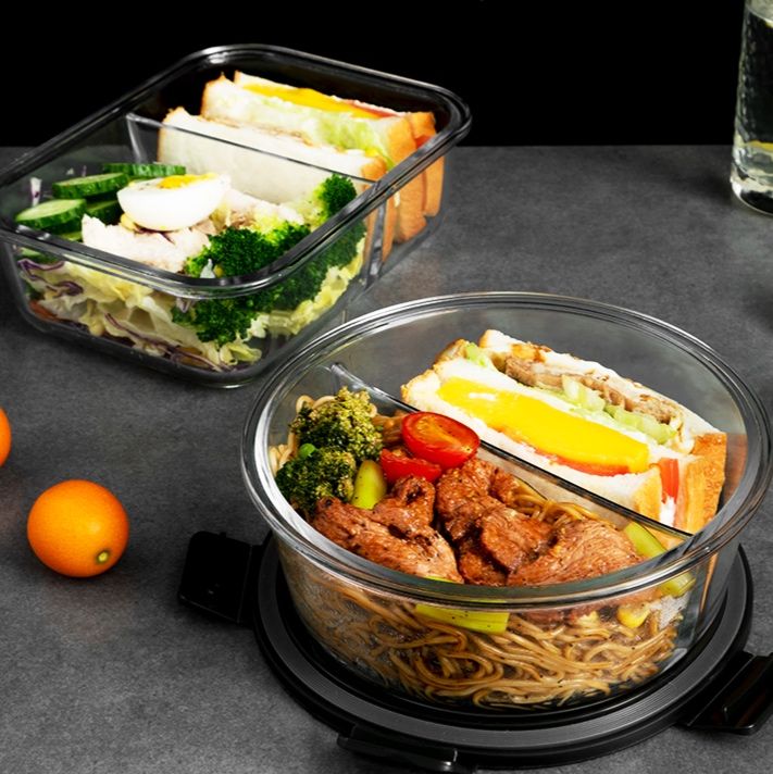透明ガラス製二段仕切り付き密閉弁当箱