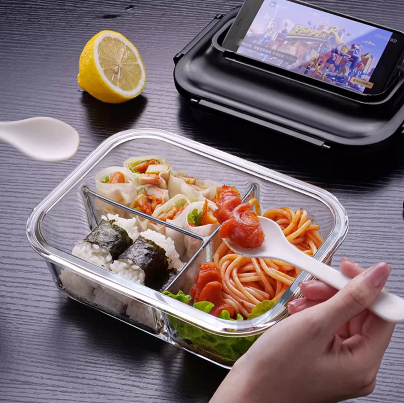 ガラス仕切り付き携帯弁当箱