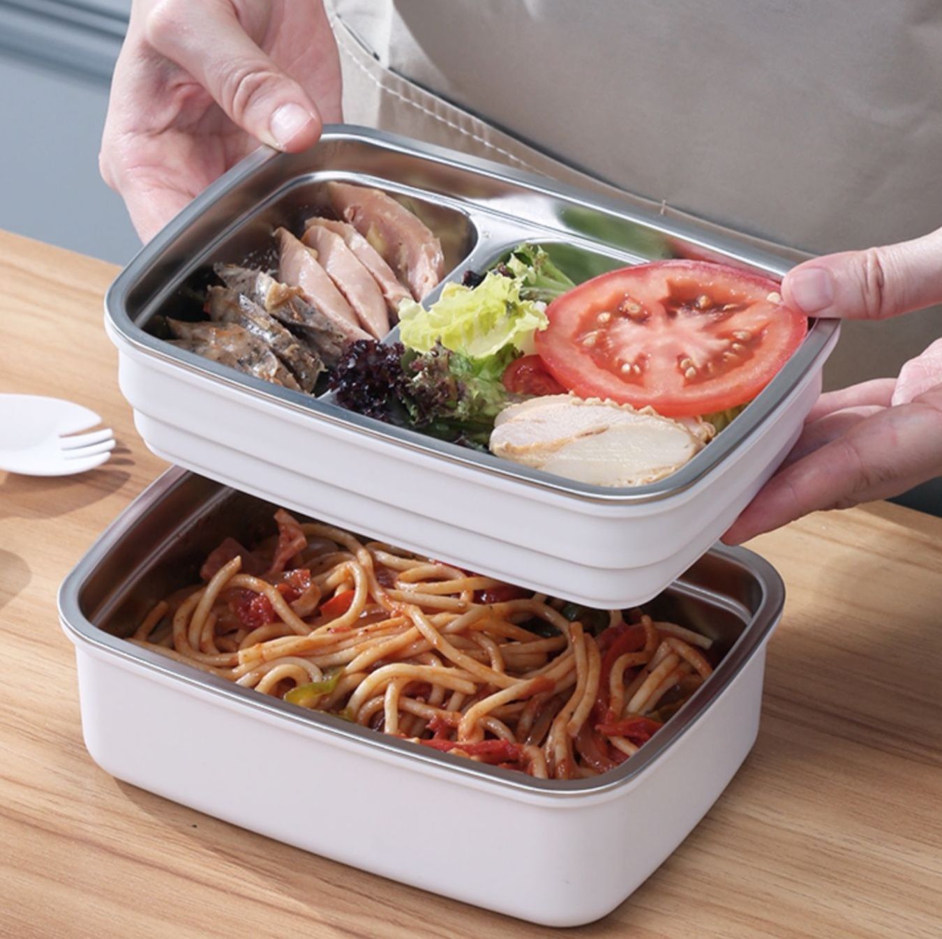 ステンレス製木蓋付き二段弁当箱