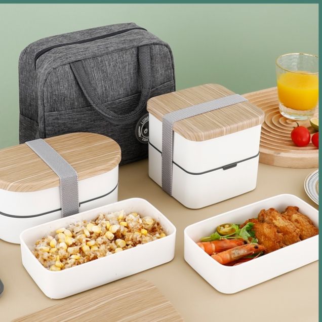 木目調蓋付き二段式密封保温弁当箱セット
