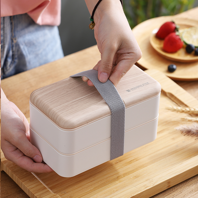 電子レンジ対応木目調蓋付き二段弁当箱