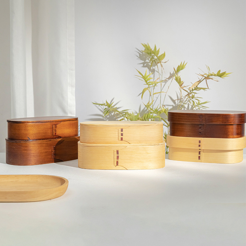 天然木製二段式仕切り付き弁当箱