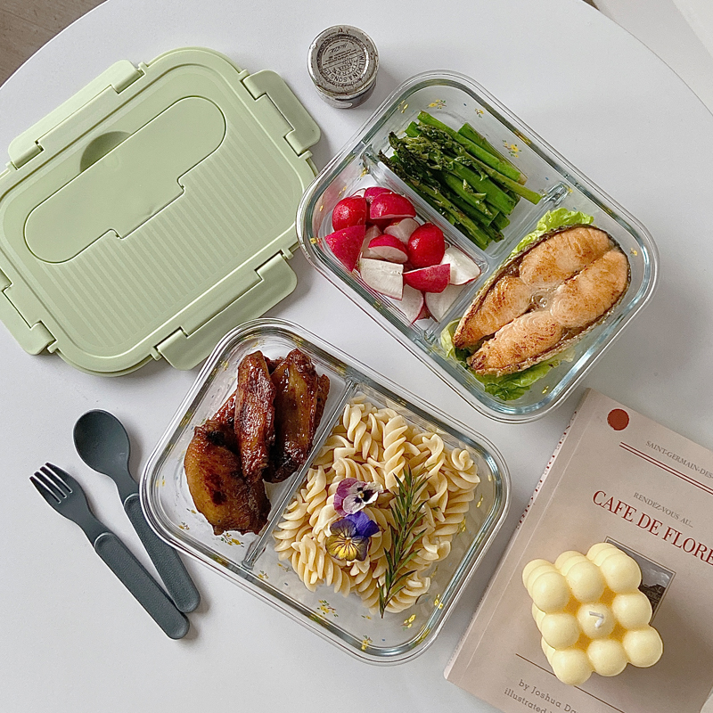 花柄透明仕切り付きガラス製スリム弁当箱