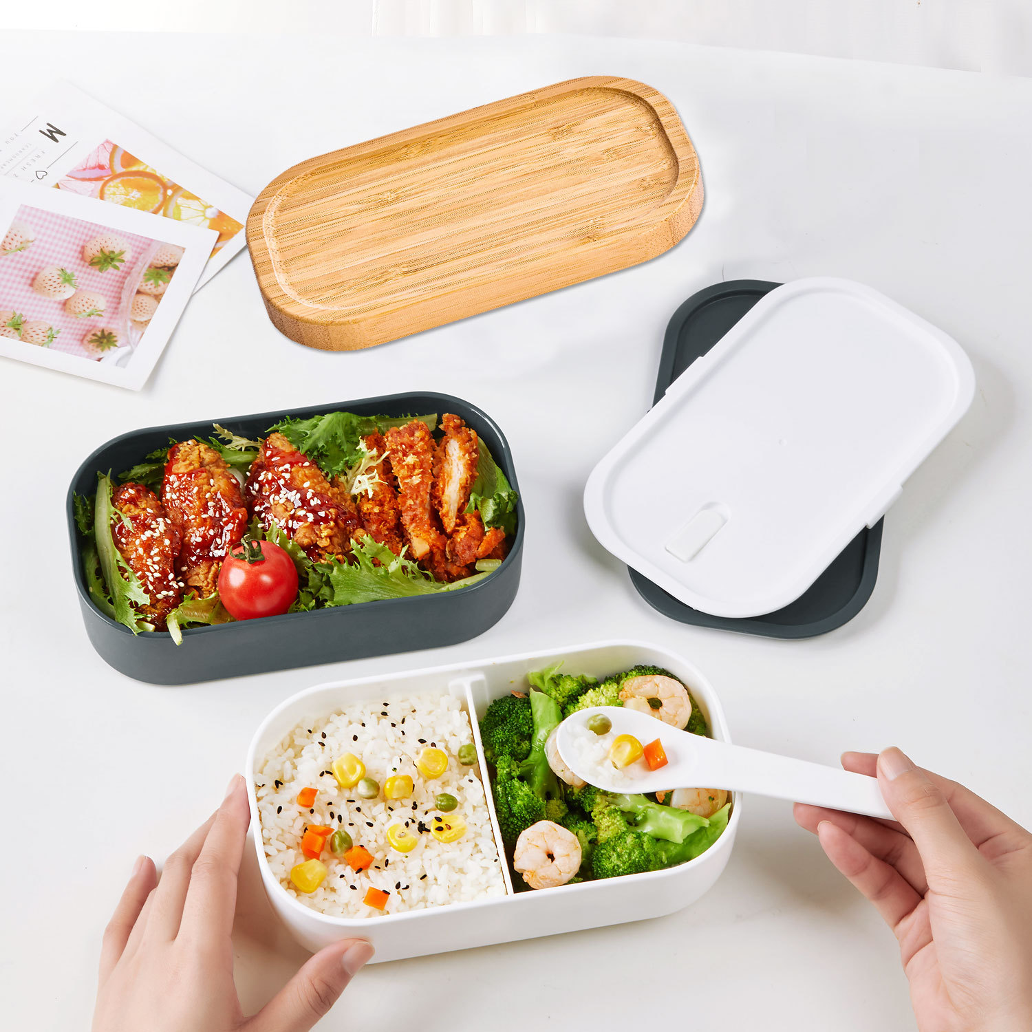 竹蓋付き二段式弁当箱