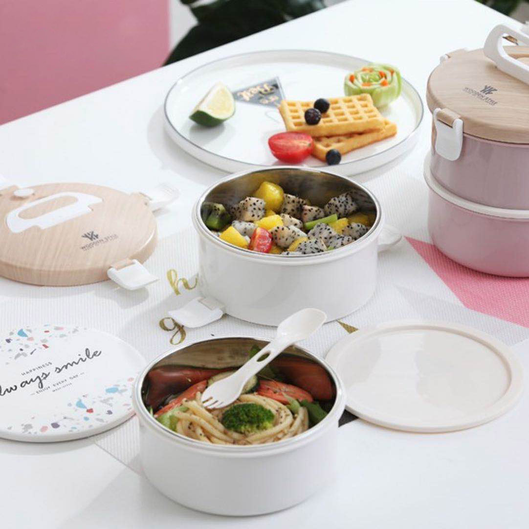 木目調蓋付き密閉保温2段弁当箱