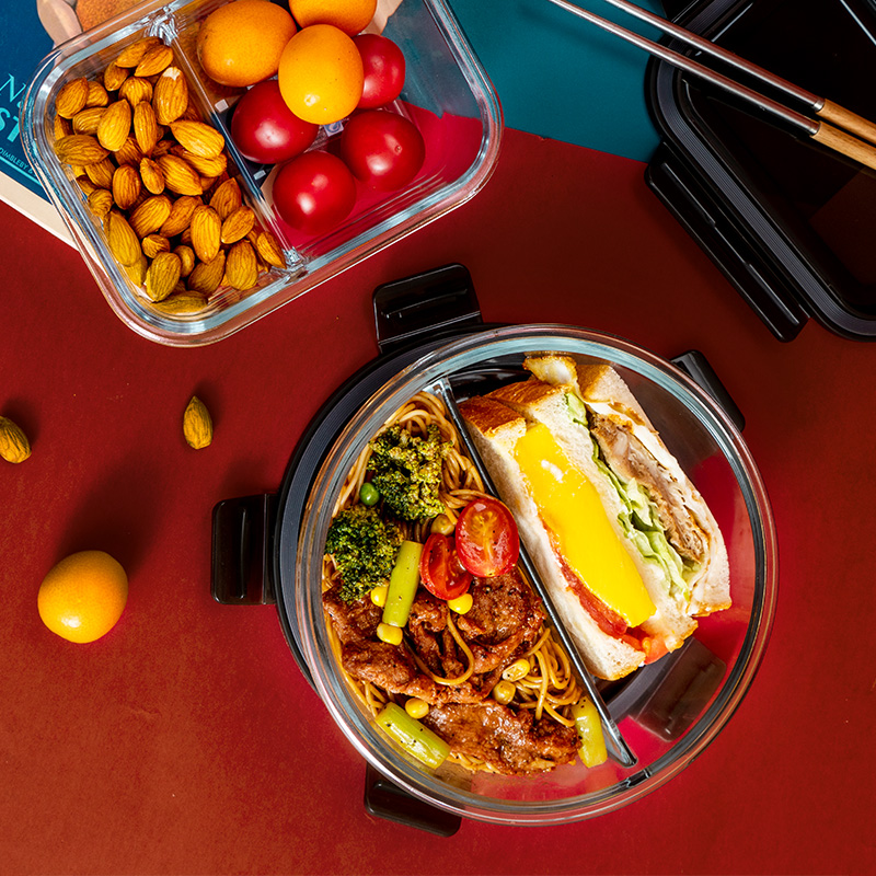 透明ガラス製二段仕切り付き密閉弁当箱