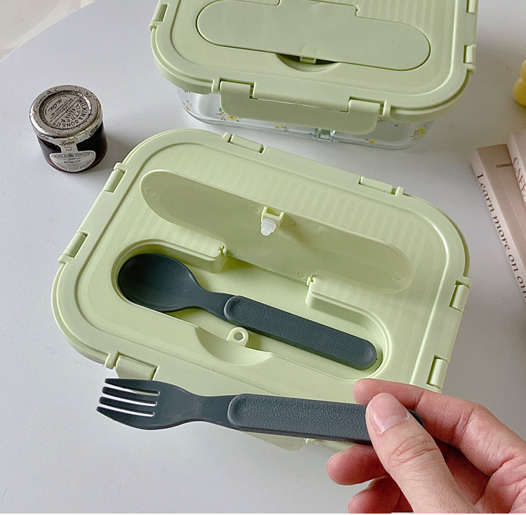 花柄透明仕切り付きガラス製スリム弁当箱