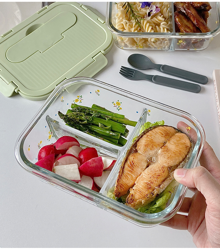 花柄透明仕切り付きガラス製スリム弁当箱