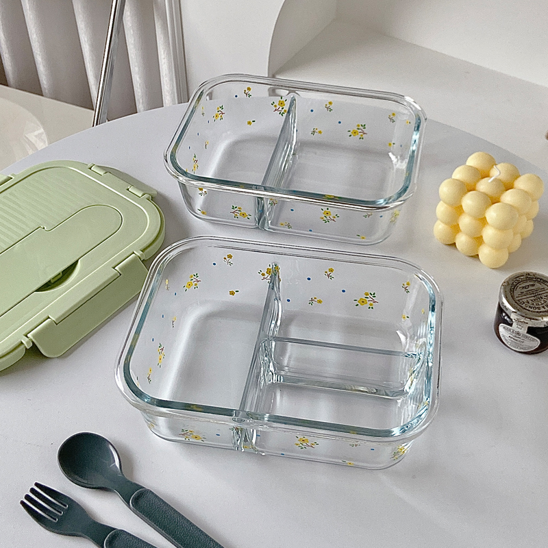 花柄透明仕切り付きガラス製スリム弁当箱