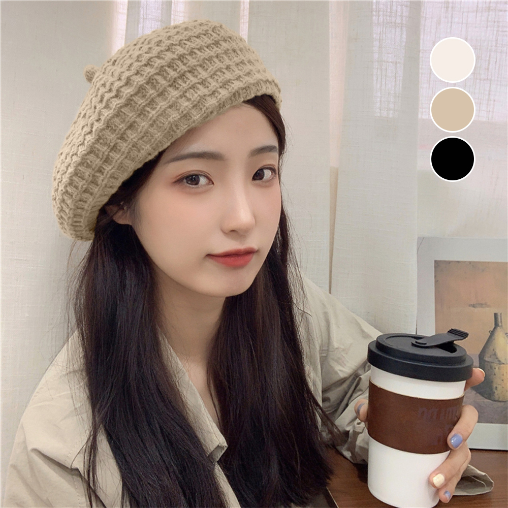 ウール風ベレー帽レディース編み込み帽子3色