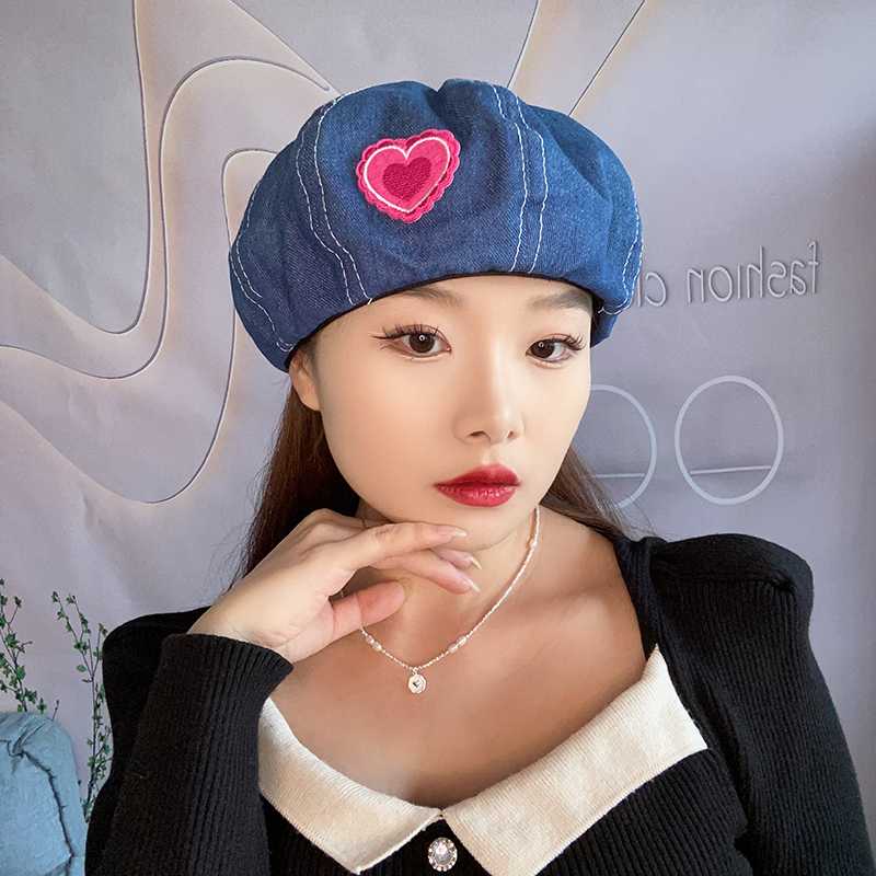 ハート刺繍入りデニムベレー帽