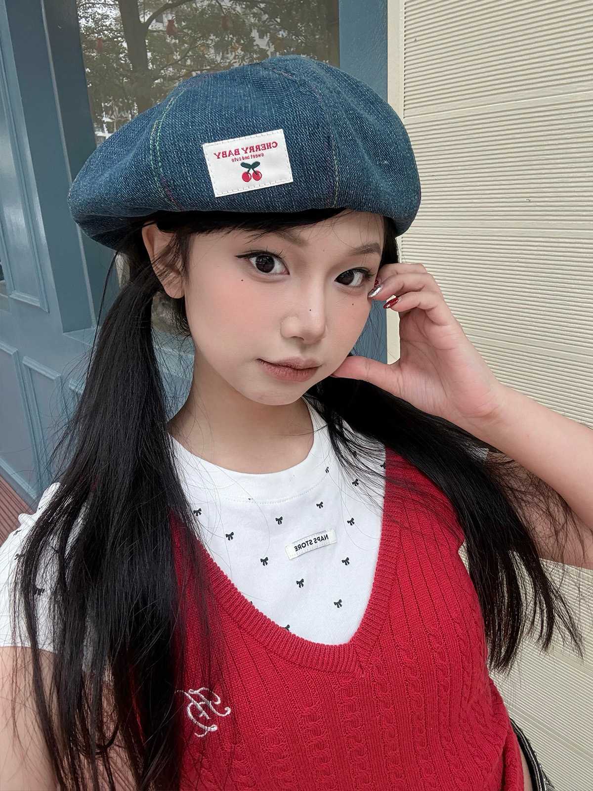 ベレー帽 さくらんぼ刺繍デニムベレー帽