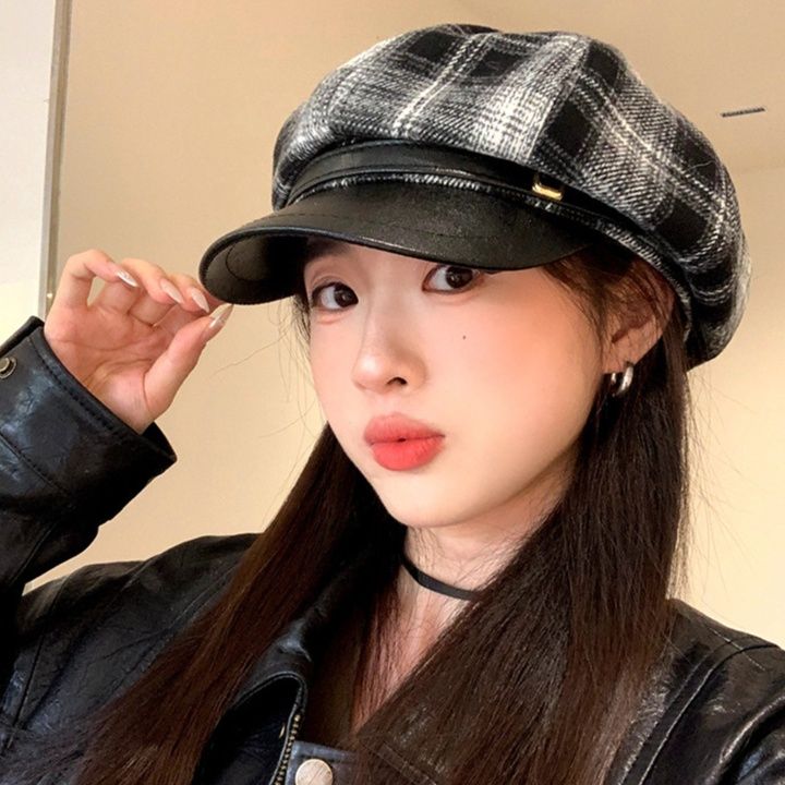 ベレー帽 格子柄つば付きベレー帽