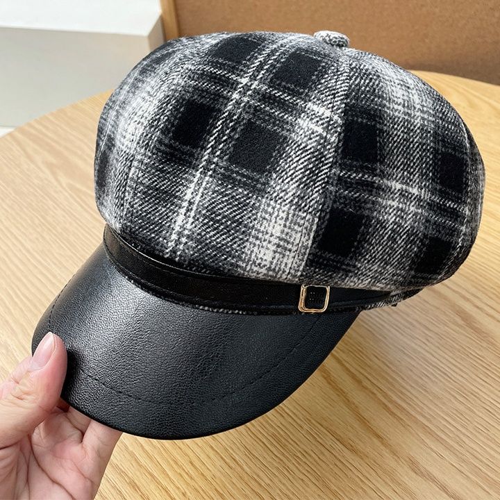 ベレー帽 格子柄つば付きベレー帽