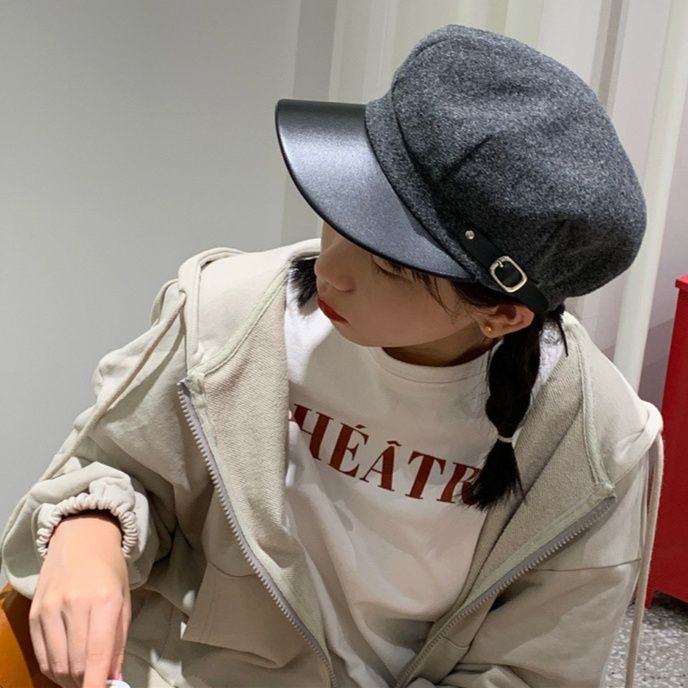 ベレー帽 革つば付きキャスケット風ベレー帽
