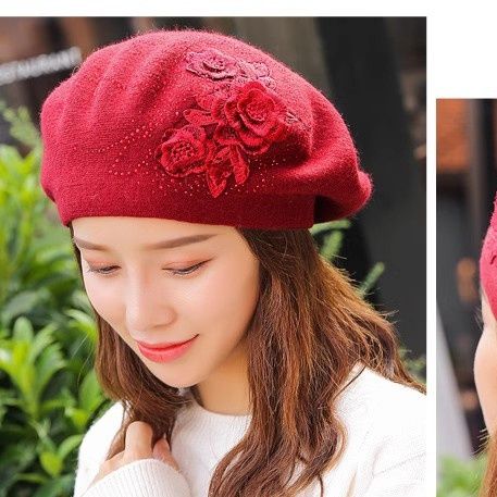 ベレー帽 花柄刺繍入り上品ウール素材ベレー帽