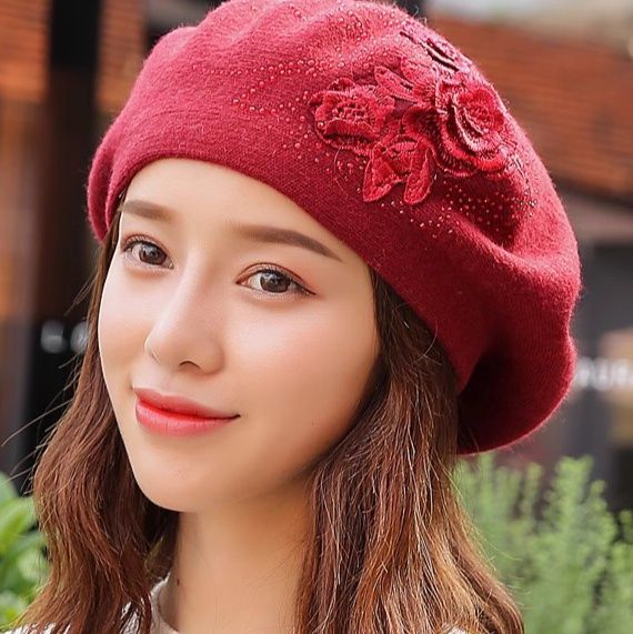 ベレー帽 花柄刺繍入り上品ウール素材ベレー帽