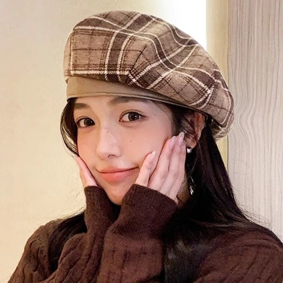 ベレー帽 格子柄ウール混ベレー帽