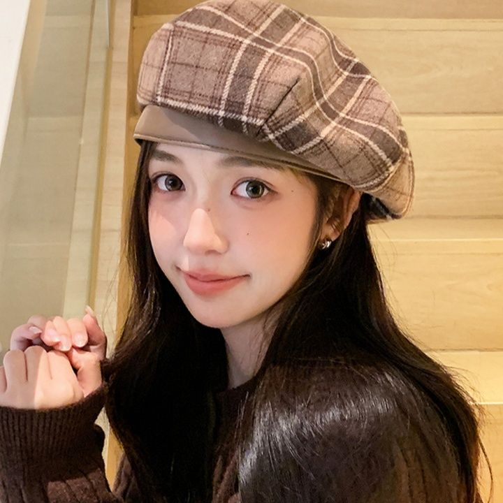 ベレー帽 格子柄ウール混ベレー帽