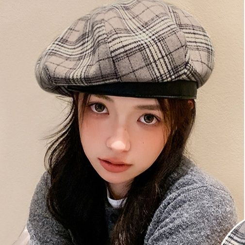 ベレー帽 格子柄ウール混ベレー帽