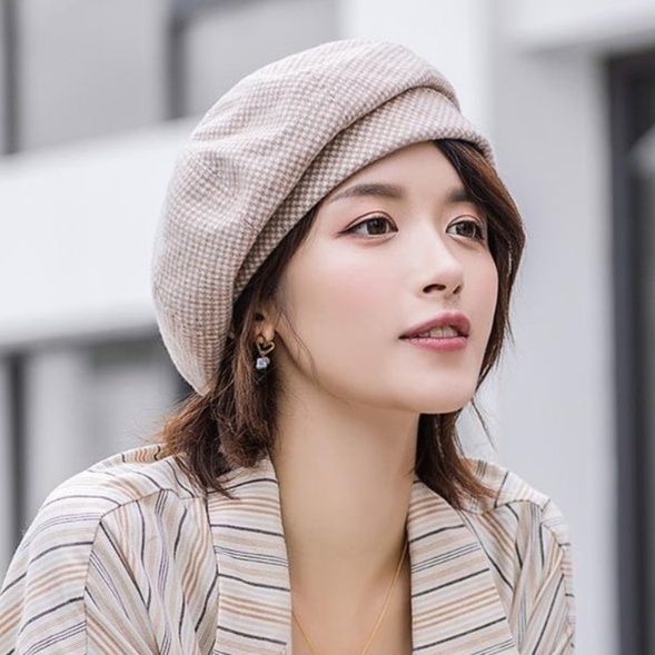 ウール調千鳥柄ベレー帽 レディース レトロチェック女性用帽子