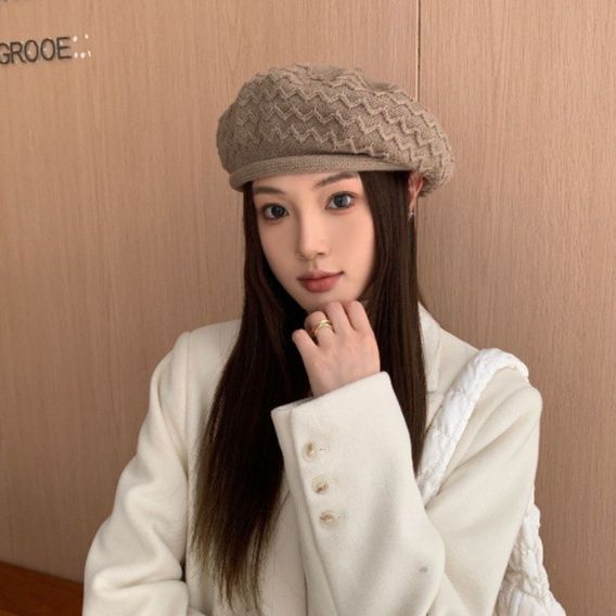 ベレー帽 編み込み模様が上品なウール調キャスケット風ベレー帽