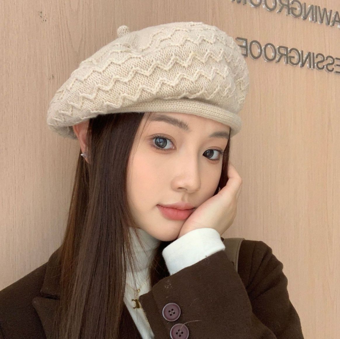 ベレー帽 編み込み模様が上品なウール調キャスケット風ベレー帽