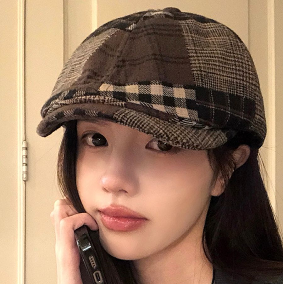 ウール調チェック柄ベレー帽 女性用 秋冬春対応