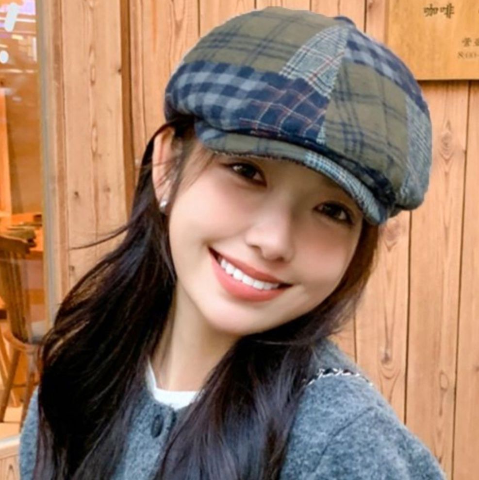ウール調チェック柄ベレー帽 女性用 秋冬春対応