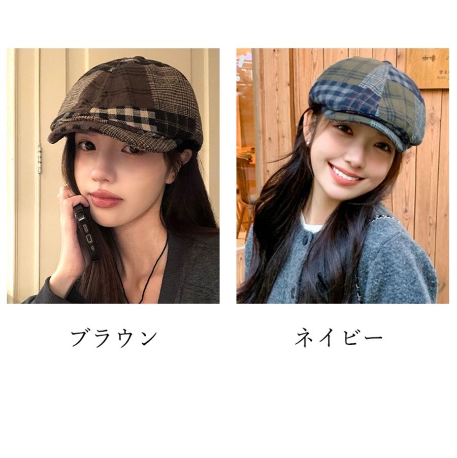 ウール調チェック柄ベレー帽 女性用 秋冬春対応