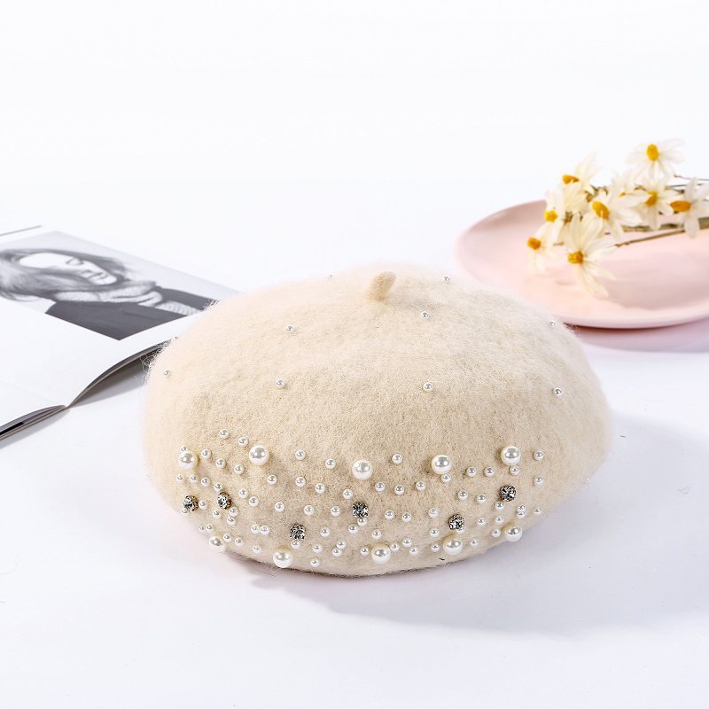 ウール パール装飾 ベレー帽 秋冬 韓国風 レディース