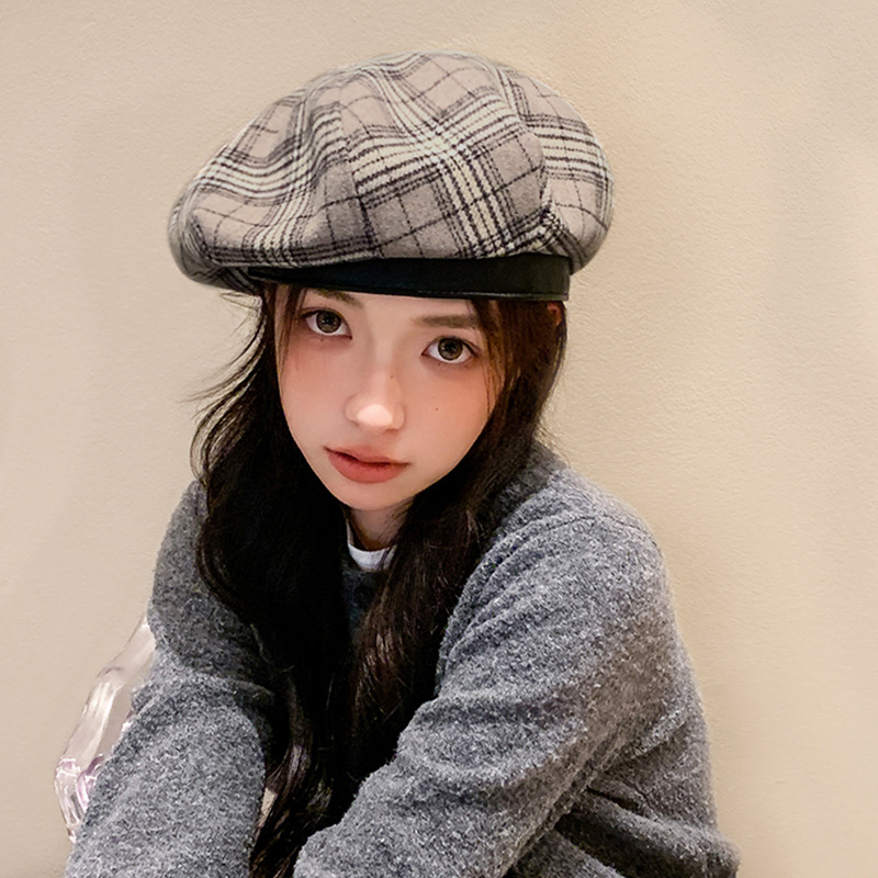 ベレー帽 格子柄ウール混ベレー帽