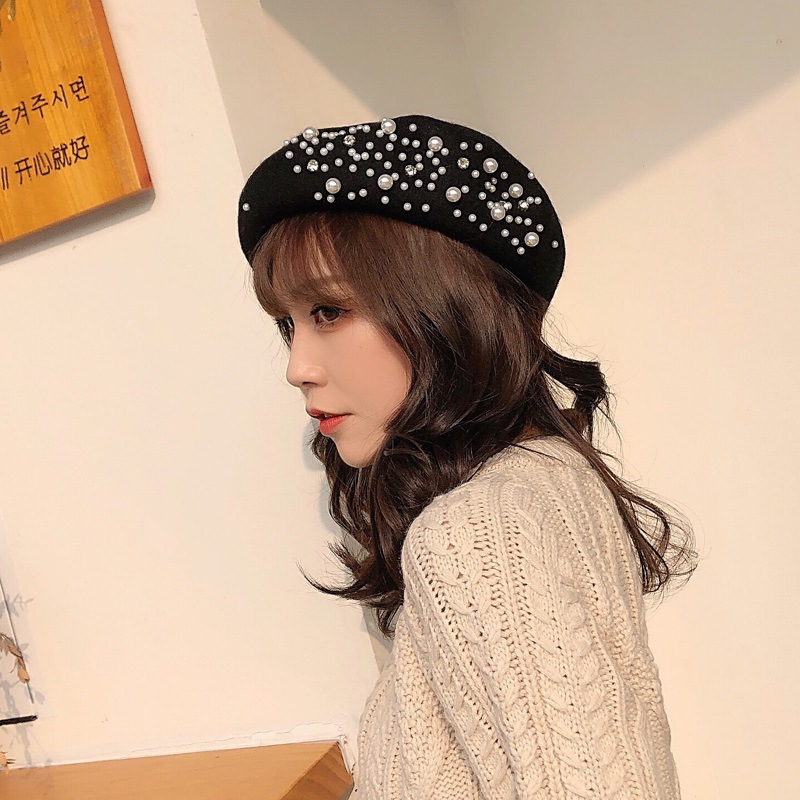 ウール パール装飾 ベレー帽 秋冬 韓国風 レディース