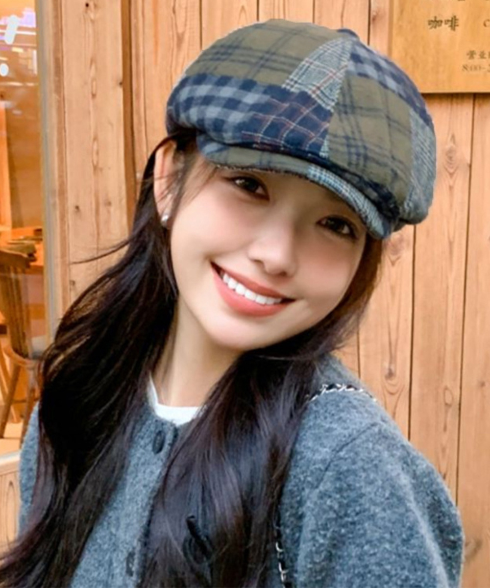 ウール混チェック柄ベレー帽 女性用 秋冬春対応