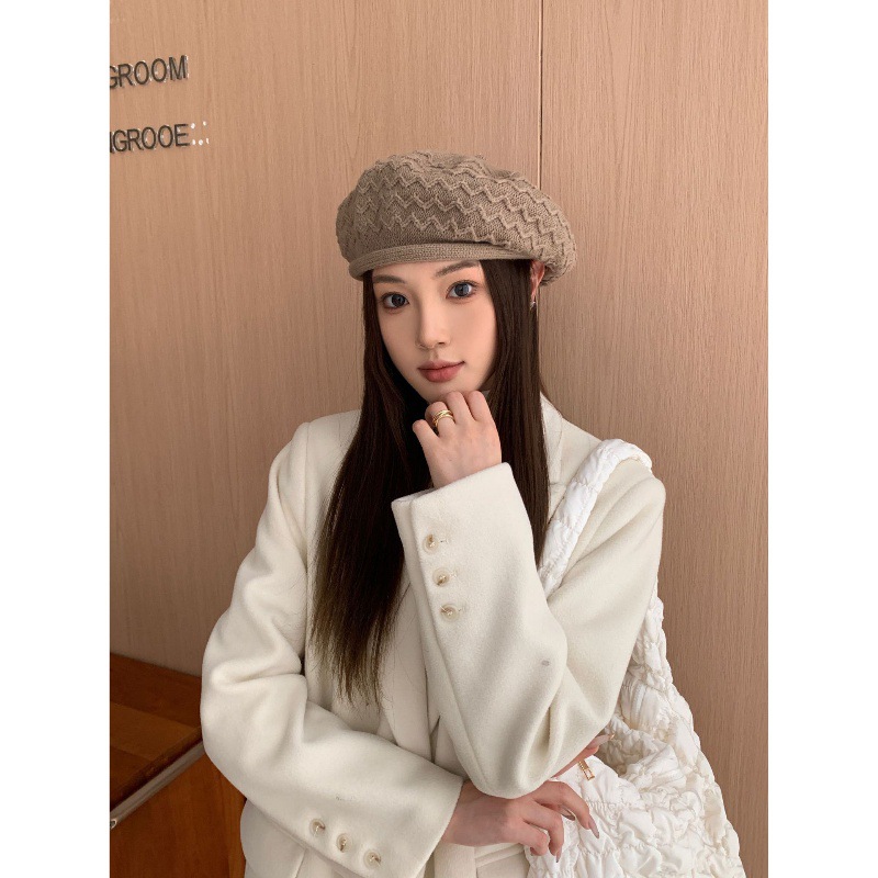 ベレー帽 編み込み模様が上品なウール素材のキャスケット風ベレー帽