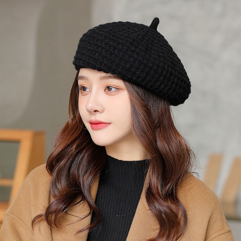 ウール風ベレー帽レディース編み込み帽子3色