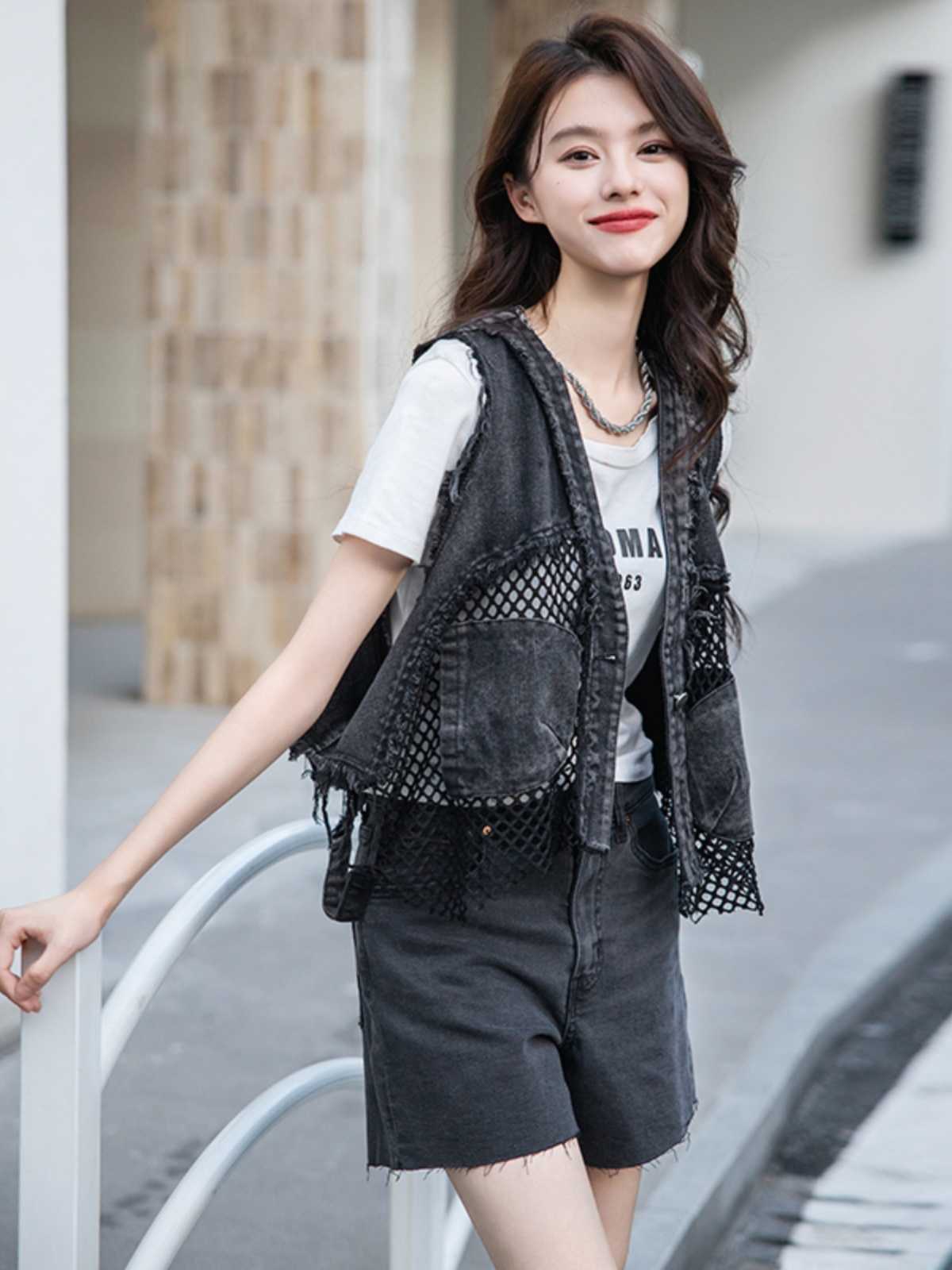 ベスト メッシュ切替デニムジレ
