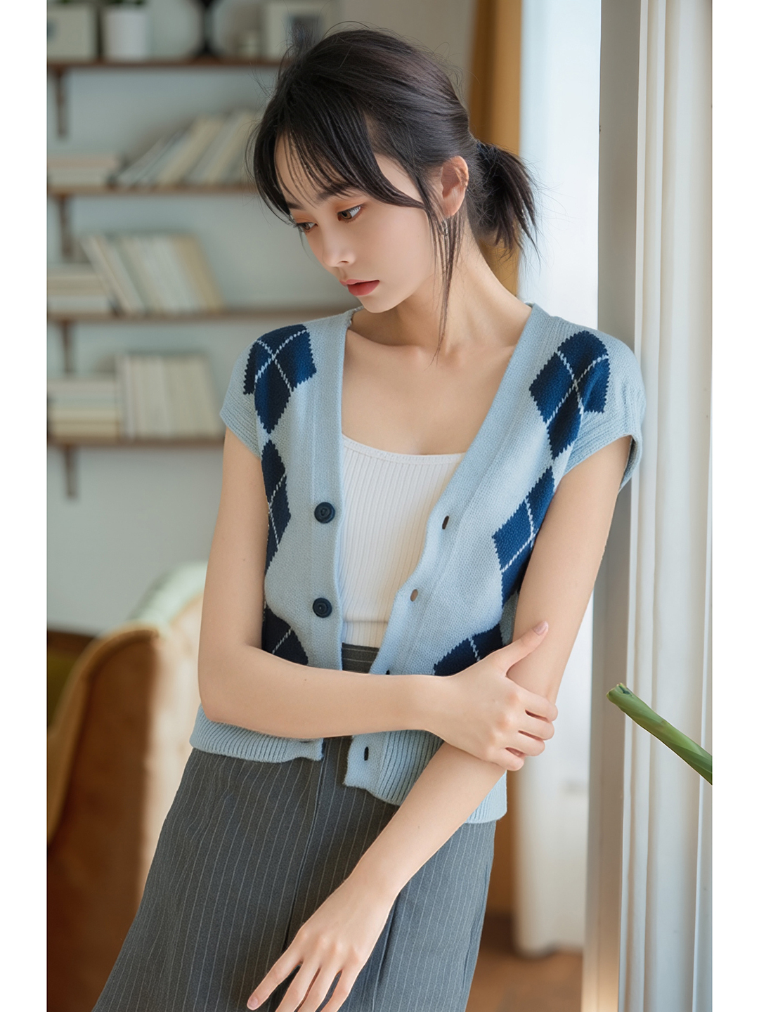 ベスト 菱形模様半袖ニットベスト