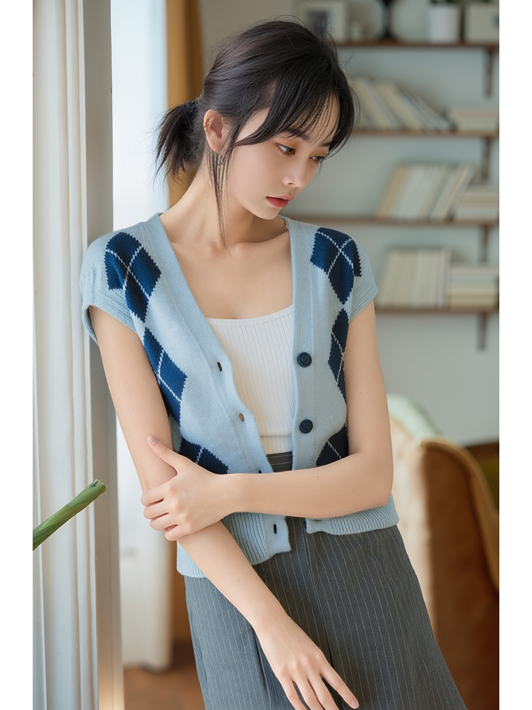 ベスト 菱形模様半袖ニットベスト