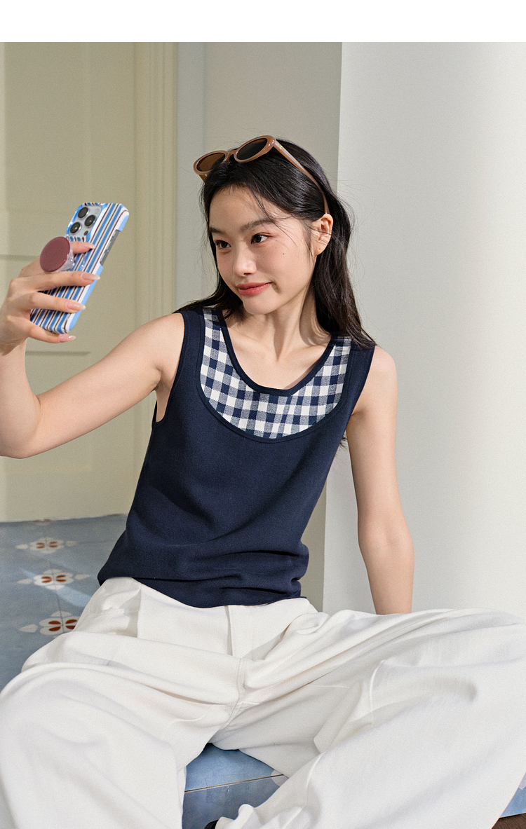 ベスト 格子柄レイヤード風ニットベスト